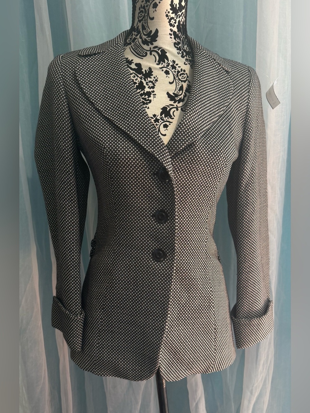 VTG Escada Black White Micro Pattern Blazer Jacket Textured Tailored sz-34
